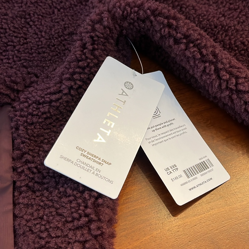 NWT Athleta Cozy Sherpa Snap Sweatshirt in Spiced Cabernet, sz XXS fits like XS - Picture 3 of 9